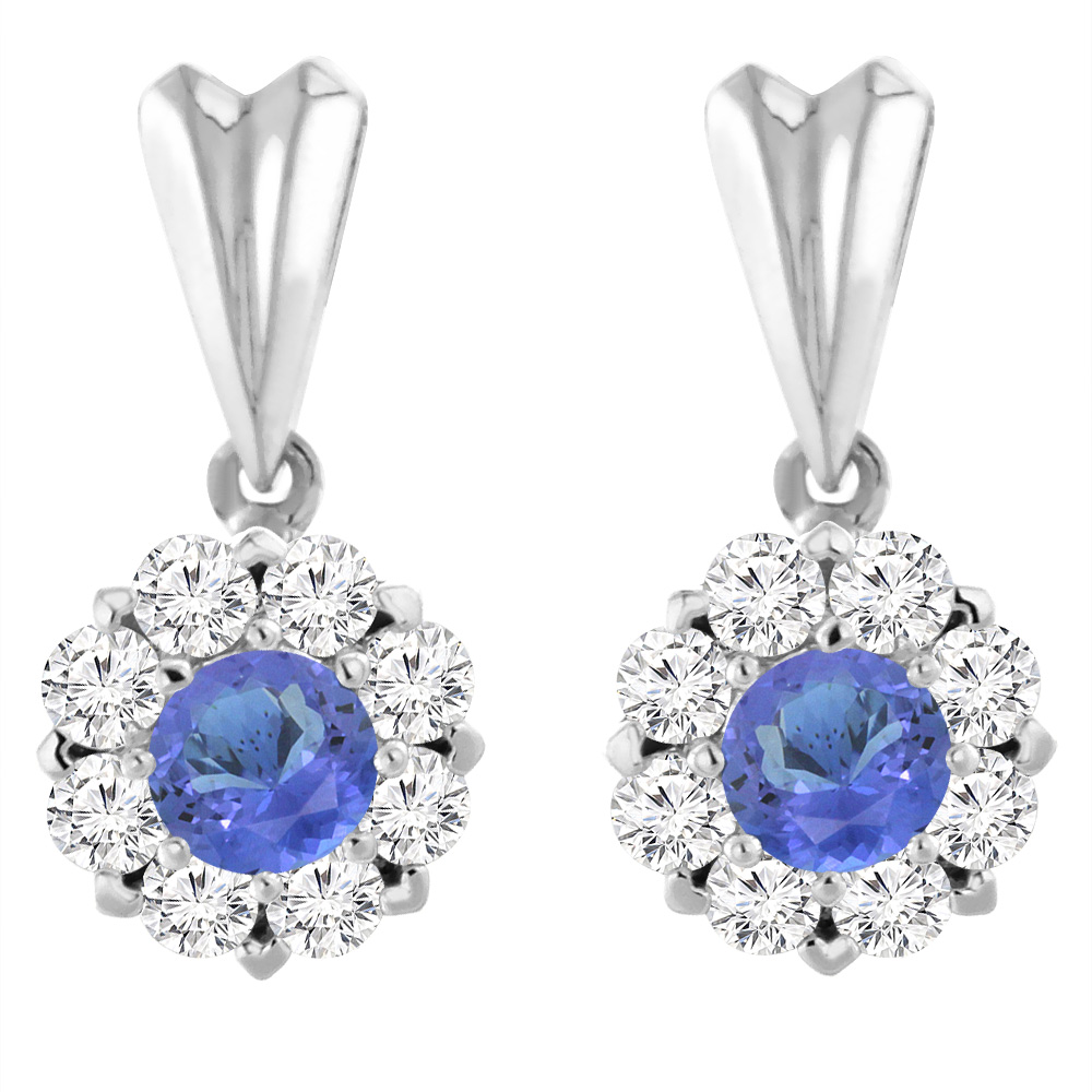 14K White Gold Natural Tanzanite Earrings with Diamond Halo Round 4 mm