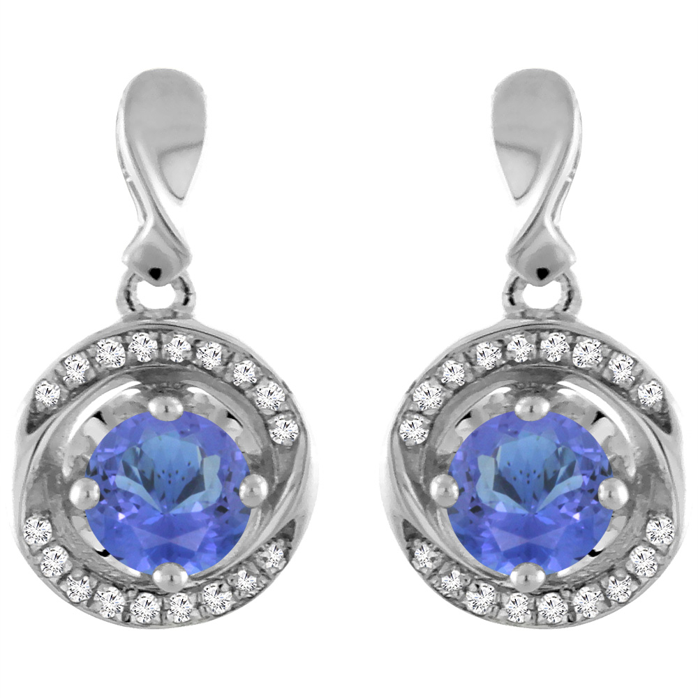 14K WHITE GOLD NATURAL TANZANITE EARRINGS WITH DIAMOND ACCENTS ROUND 4 MM