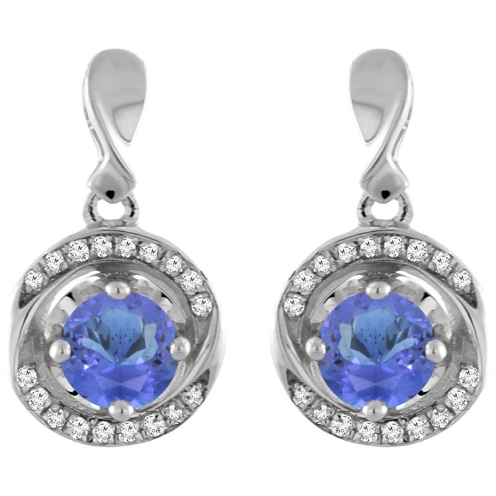 14K White Gold Natural Tanzanite Earrings with Diamond Accents Round 4 mm