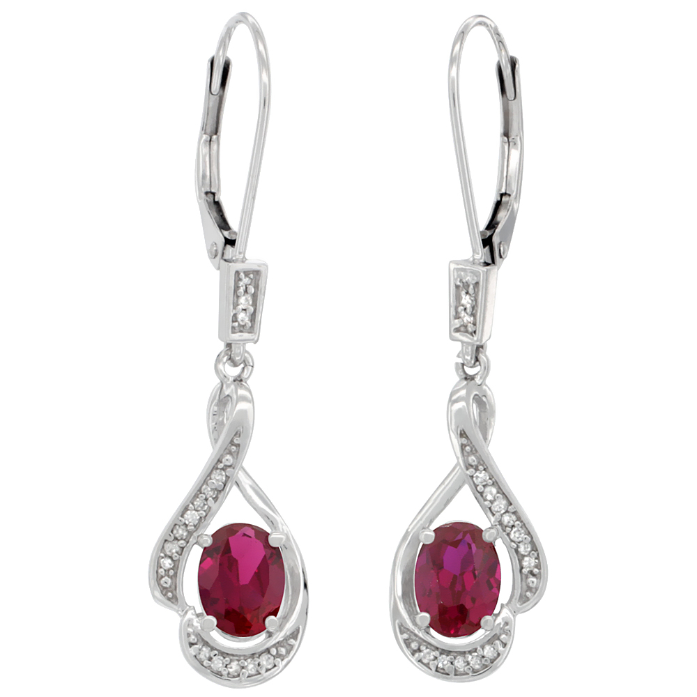 14K WHITE GOLD DIAMOND NATURAL HIGH GRADE RUBY LEVERBACK EARRINGS OVAL 7X5 MM 1 7/16 INCH LONG