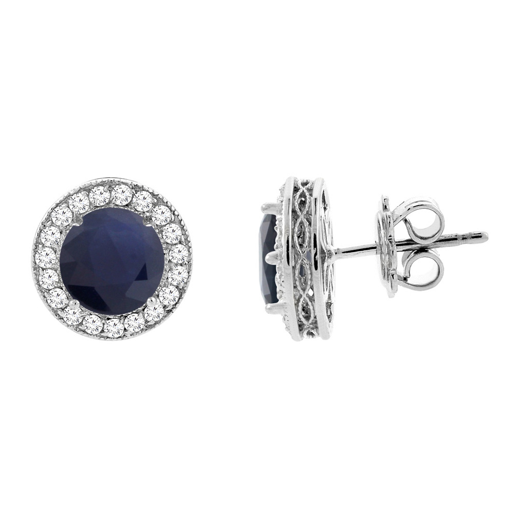 14K WHITE GOLD DIAMOND HALO NATURAL QUALITY BLUE SAPPHIRE EARRINGS, 3/16 INCH WIDE