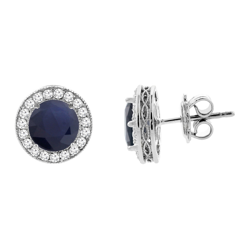 14K White Gold Diamond Halo Natural Quality Blue Sapphire Earrings, 3/16 inch wide