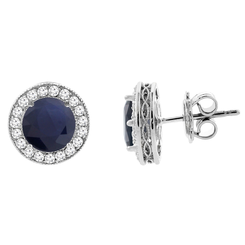 14K WHITE GOLD DIAMOND HALO GENUINE BLUE SAPPHIRE EARRINGS 0.6 CTTW 6MM ROUND, 1/2 INCH