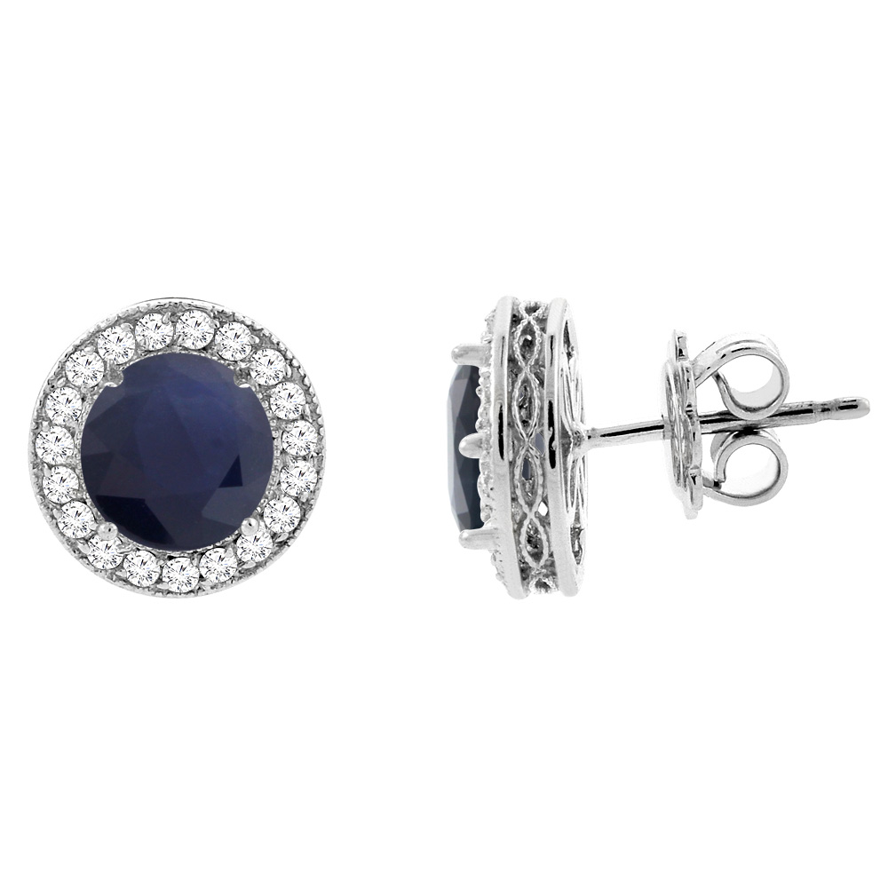 14k White Gold Diamond Halo Genuine Quality Blue Sapphire Earrings 0.6 cttw 6mm Round, 1/2 inch