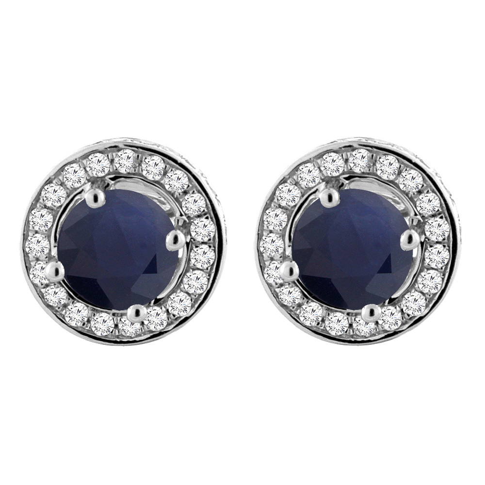 14K White Gold Diamond Halo Natural Quality Blue Sapphire Earrings Round 5 mm