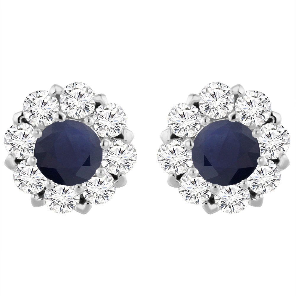 14K WHITE GOLD DIAMOND HALO NATURAL QUALITY BLUE SAPPHIRE EARRINGS ROUND 6 MM