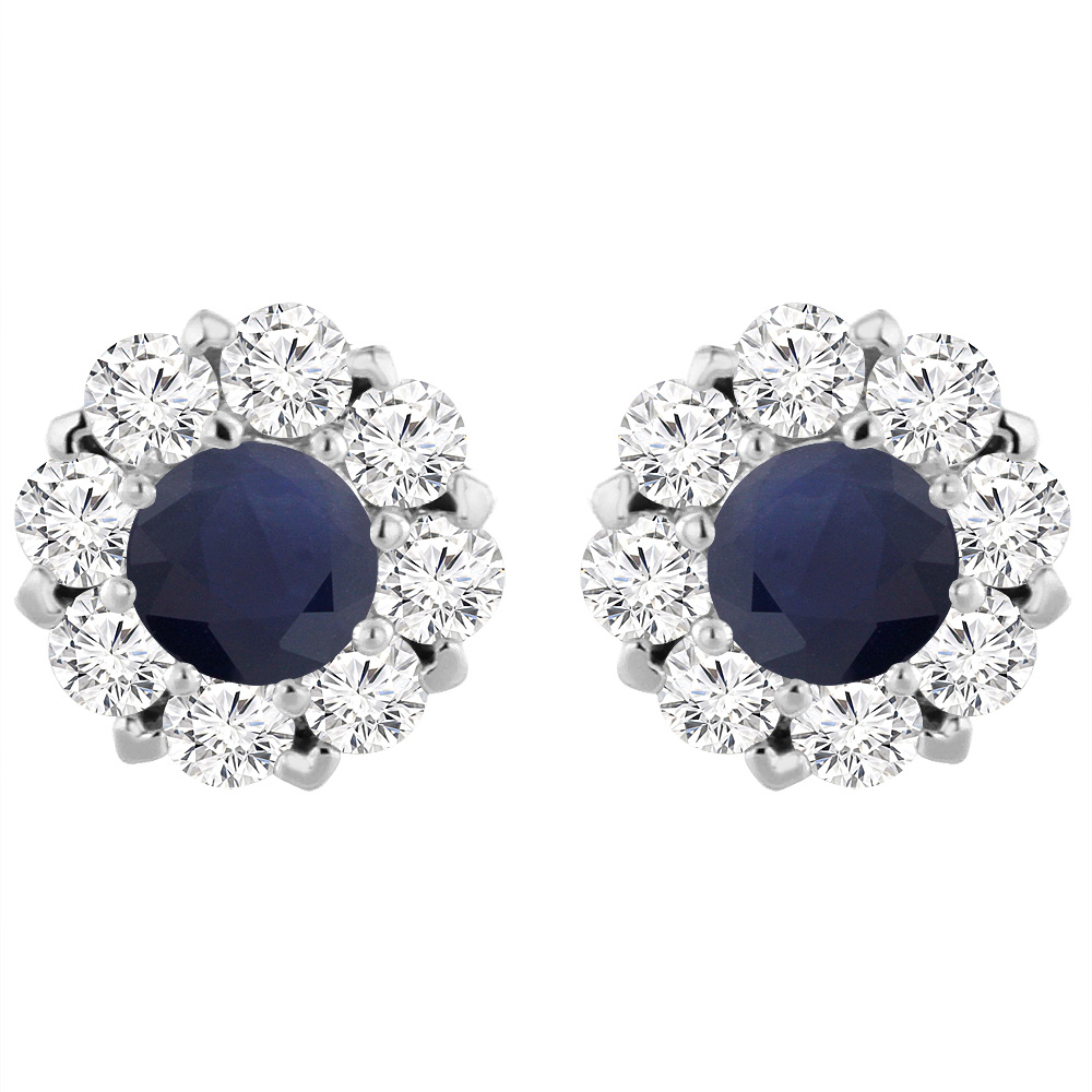 14K White Gold Diamond Halo Natural Quality Blue Sapphire Earrings Round 6 mm