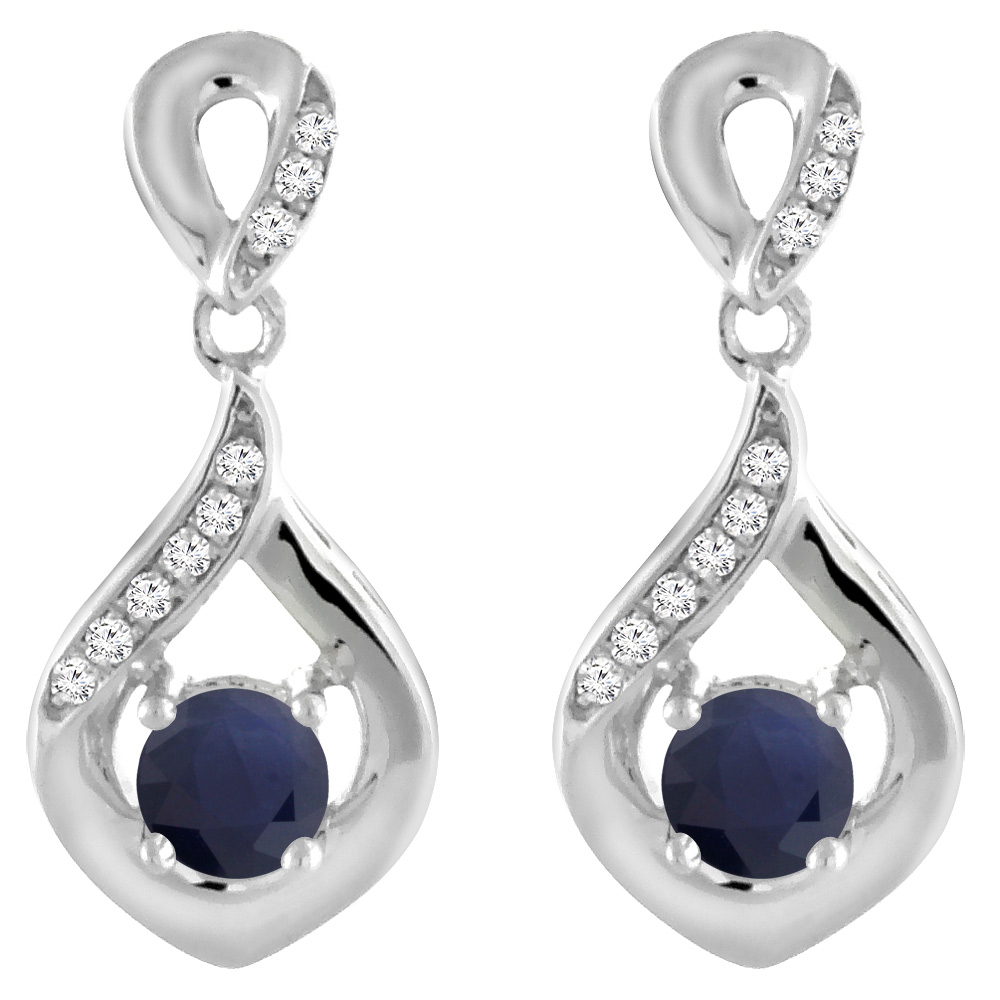 14K WHITE GOLD DIAMOND NATURAL QUALITY BLUE SAPPHIRE EARRINGS ROUND 4 MM