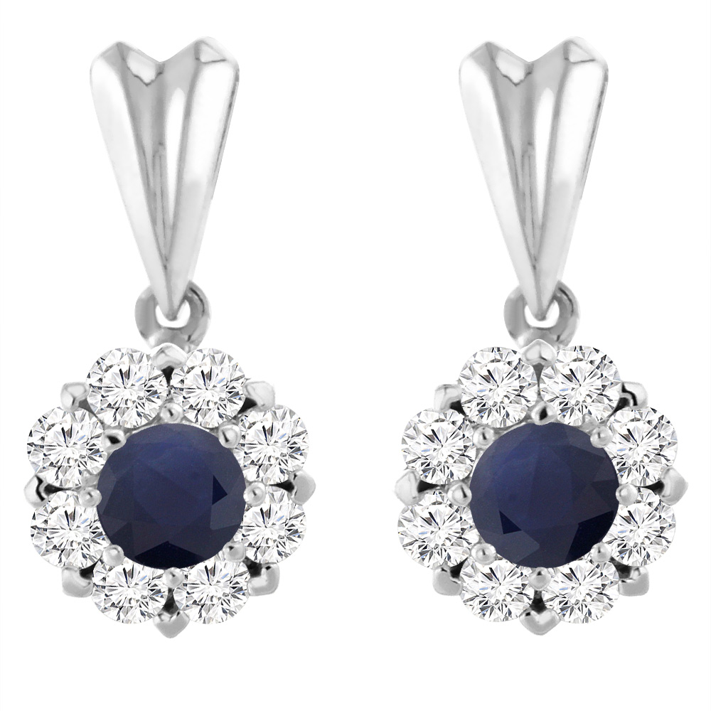 14K WHITE GOLD DIAMOND HALO NATURAL QUALITY BLUE SAPPHIRE EARRINGS ROUND 4 MM