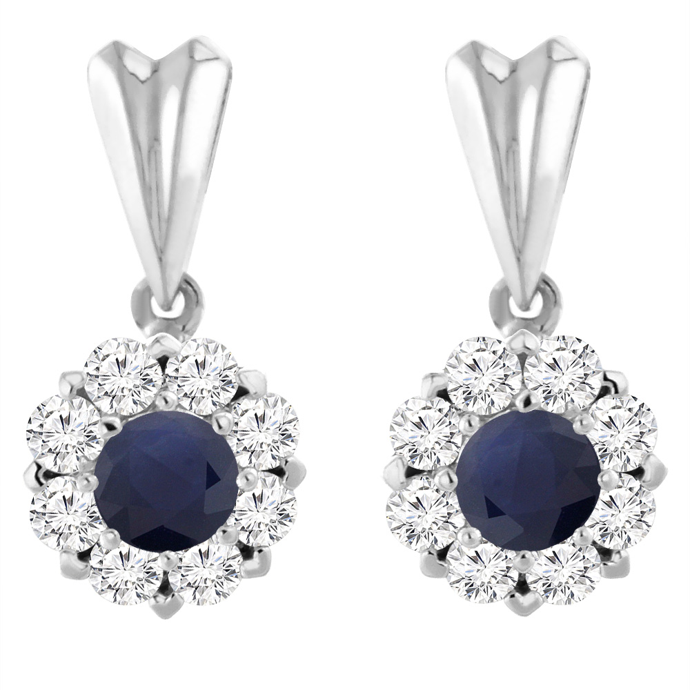 14K White Gold Diamond Halo Natural Quality Blue Sapphire Earrings Round 4 mm