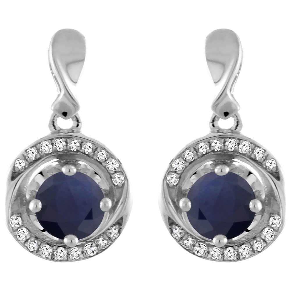 14K WHITE GOLD DIAMOND NATURAL QUALITY BLUE SAPPHIRE EARRINGS ROUND 4 MM