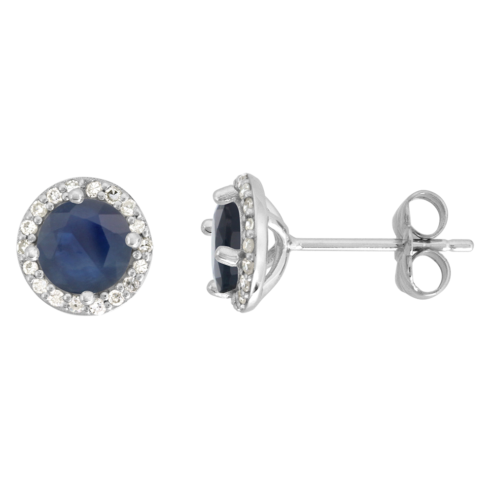 14K WHITE GOLD DIAMOND HALO QUALITY GENUINE BLUE SAPPHIRE STUD EARRINGS ROUND 6MM