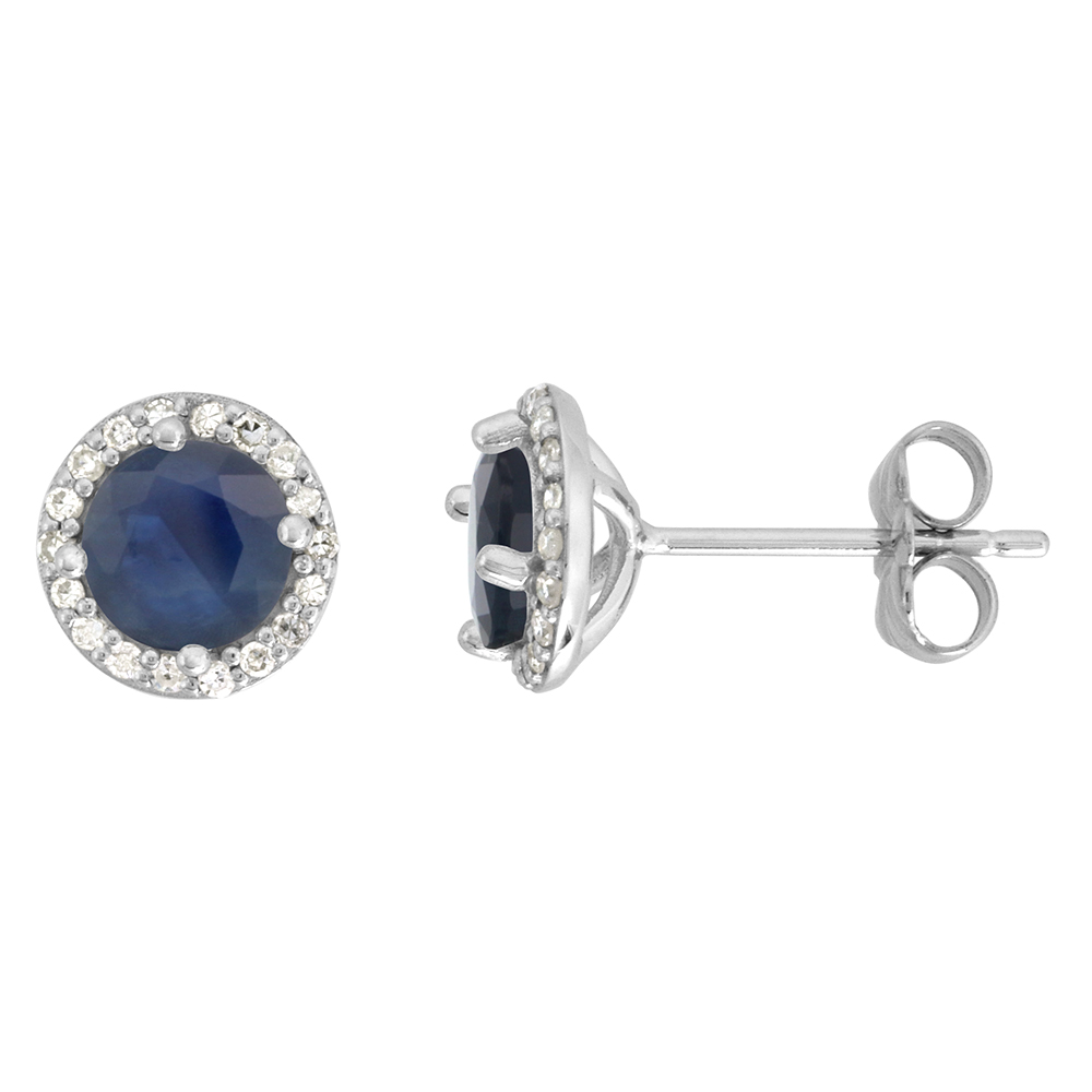 14k White Gold Diamond Halo Quality Genuine Blue Sapphire Stud Earrings Round 6mm