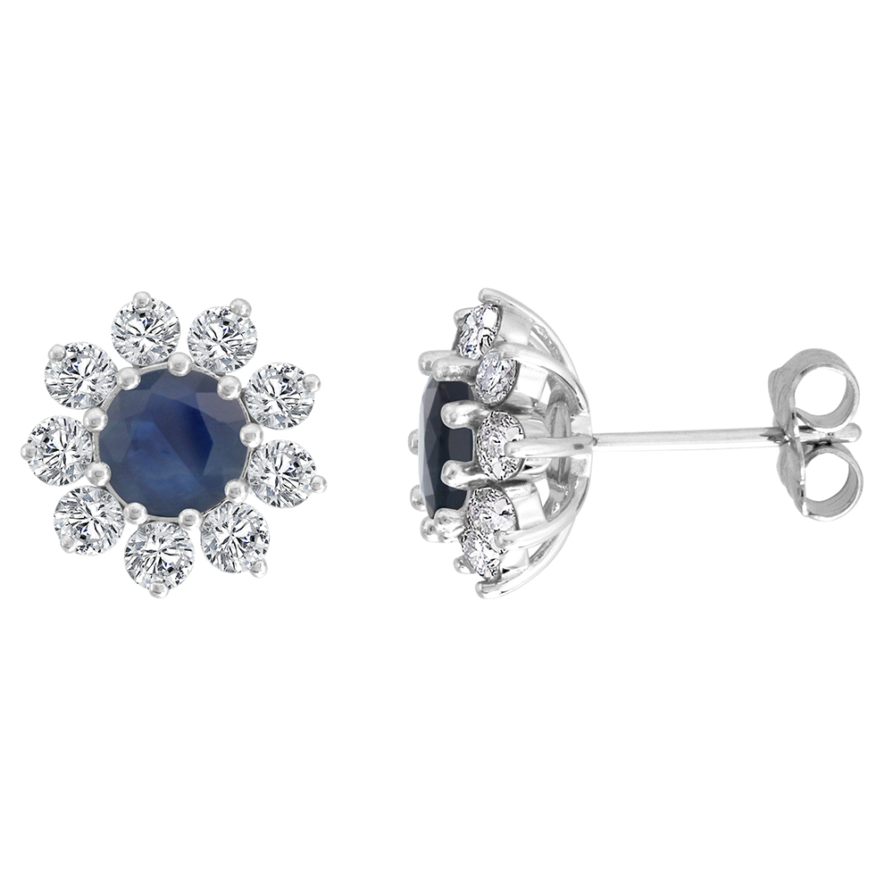 14K WHITE GOLD DIAMOND HALO QUALITY GENUINE BLUE SAPPHIRE HALO STUD EARRINGS ROUND 6MM 7/16 INCH WIDE