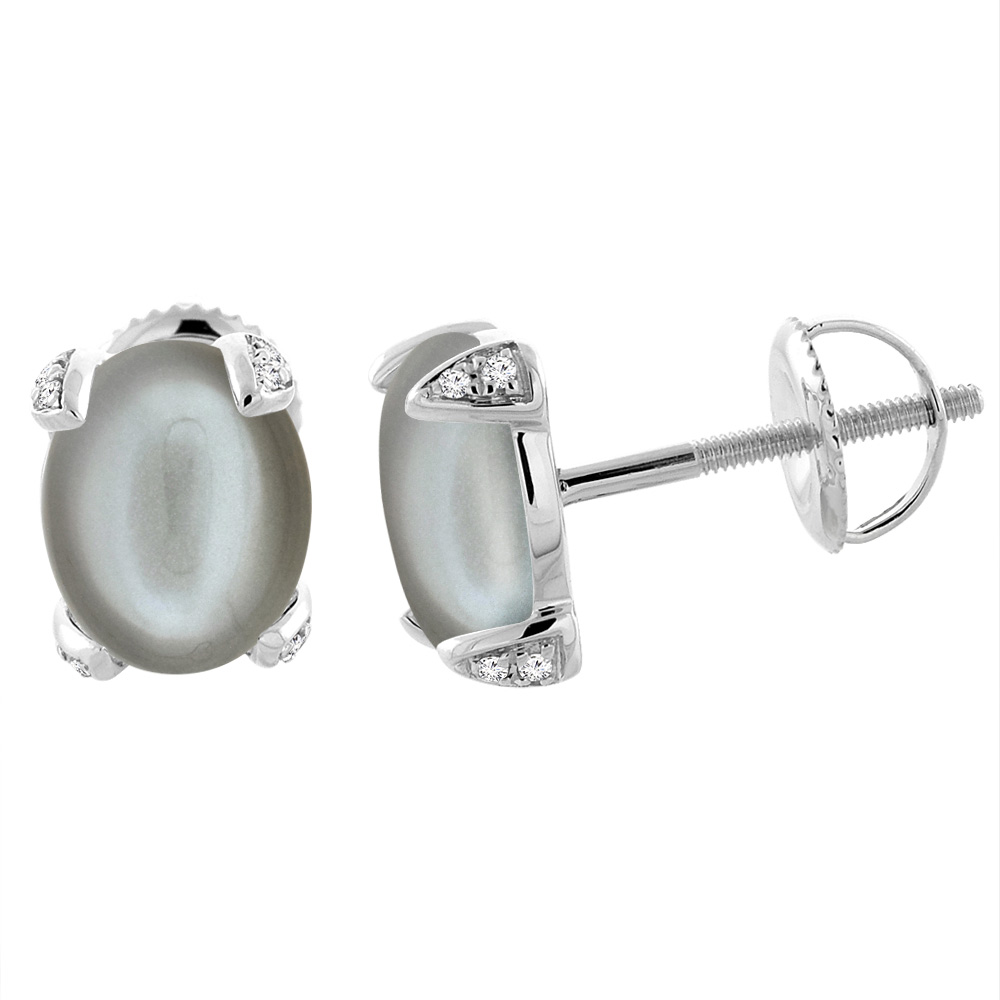 14K White Gold Natural Gray Moonstone Screw back Earrings Oval 9x7 mm with Diamond Accents