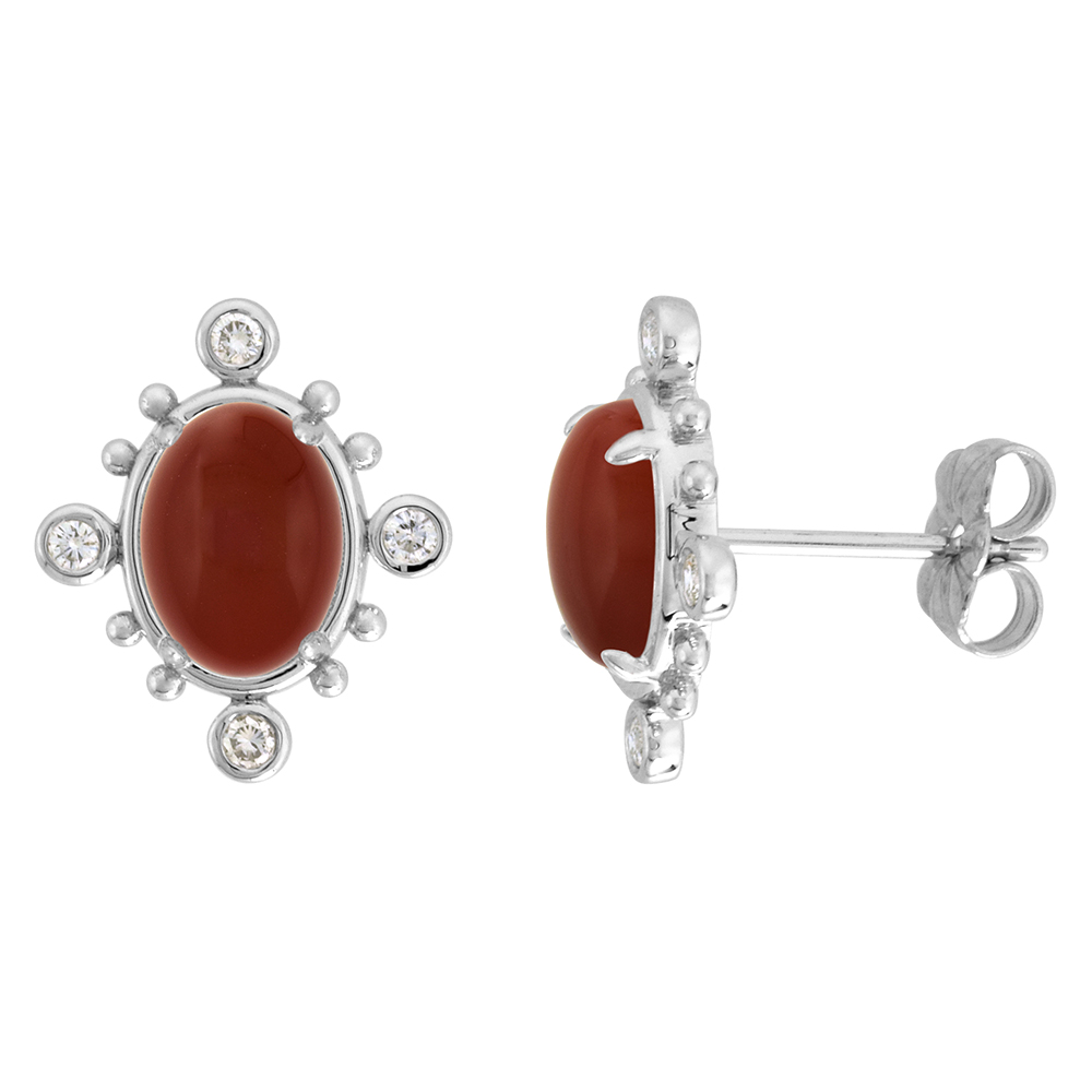 14K WHITE GOLD DIAMOND GENUINE BROWN AGATE STUD EARRINGS BEAD ACCENT 0.17 CTTW OVAL 9X7MM