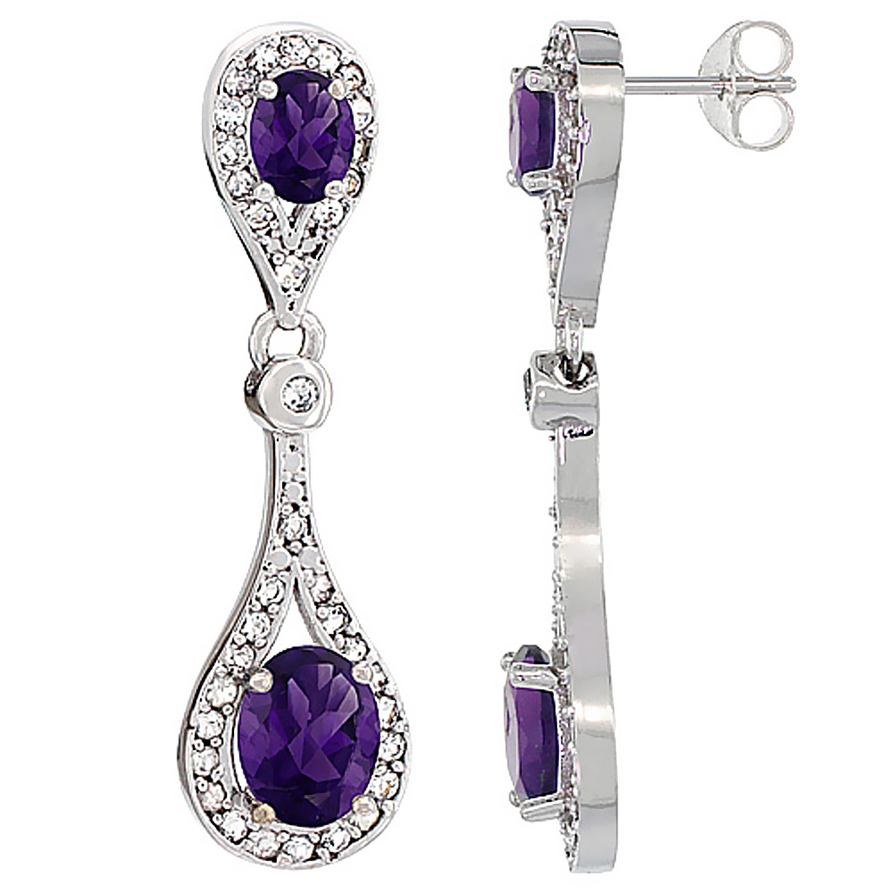 14K WHITE GOLD NATURAL AMETHYST OVAL DANGLING EARRINGS WHITE SAPPHIRE & DIAMOND ACCENTS, 1 3/8 INCHES LONG