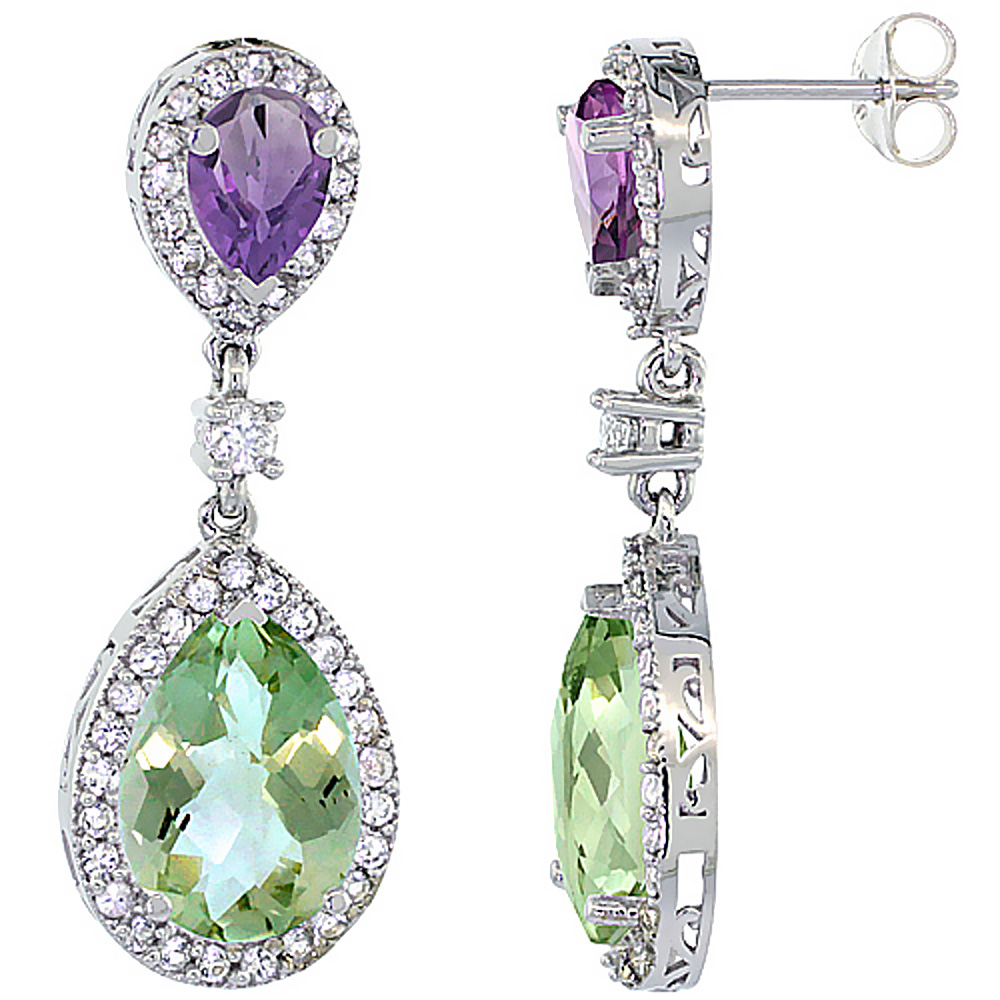 14K WHITE GOLD NATURAL GREEN & PURPLE AMETHYSTS TEARDROP EARRINGS WHITE SAPPHIRE & DIAMOND