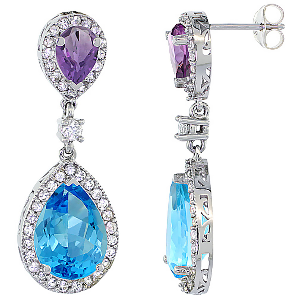 14K WHITE GOLD NATURAL SWISS BLUE TOPAZ & AMETHYST TEARDROP EARRINGS WHITE SAPPHIRE & DIAMOND
