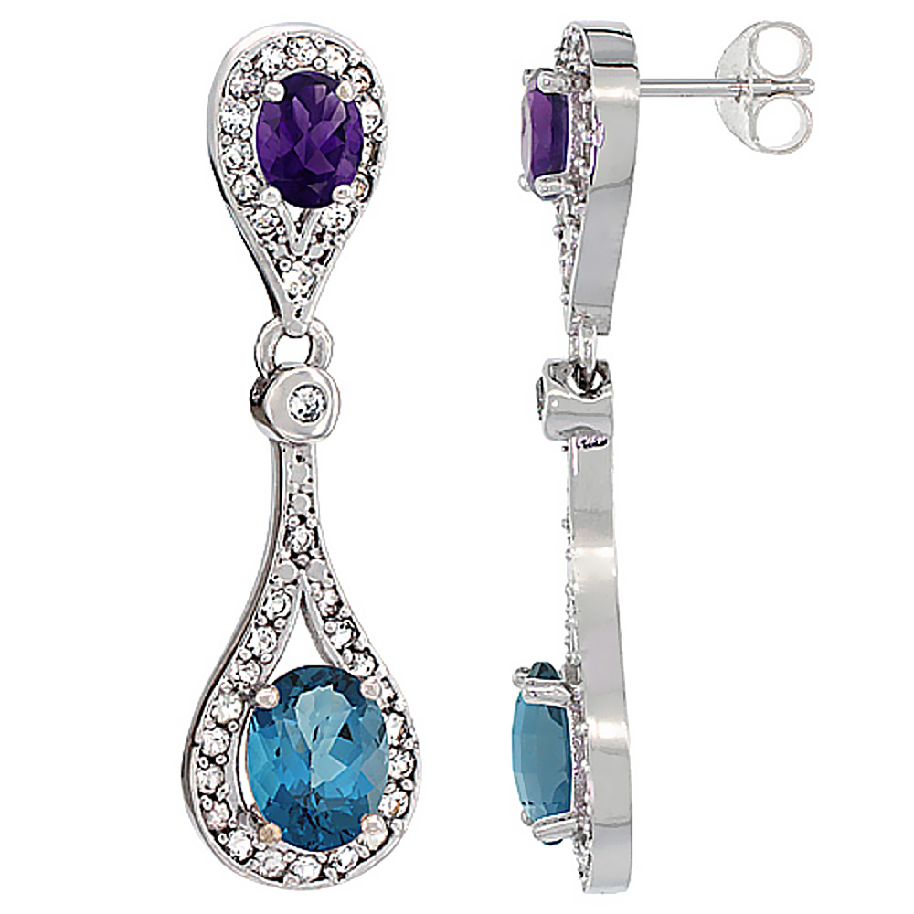 14K WHITE GOLD NATURAL LONDON BLUE TOPAZ & AMETHYST OVAL DANGLING EARRINGS WHITE SAPPHIRE & DIAMOND ACCENTS, 1 3/8 INCHES LONG