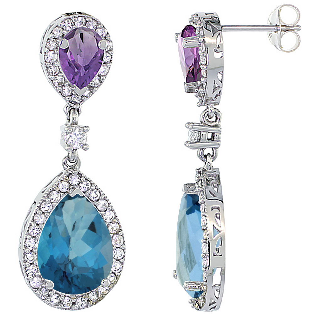 14K WHITE GOLD NATURAL LONDON BLUE TOPAZ & AMETHYST TEARDROP EARRINGS WHITE SAPPHIRE & DIAMOND