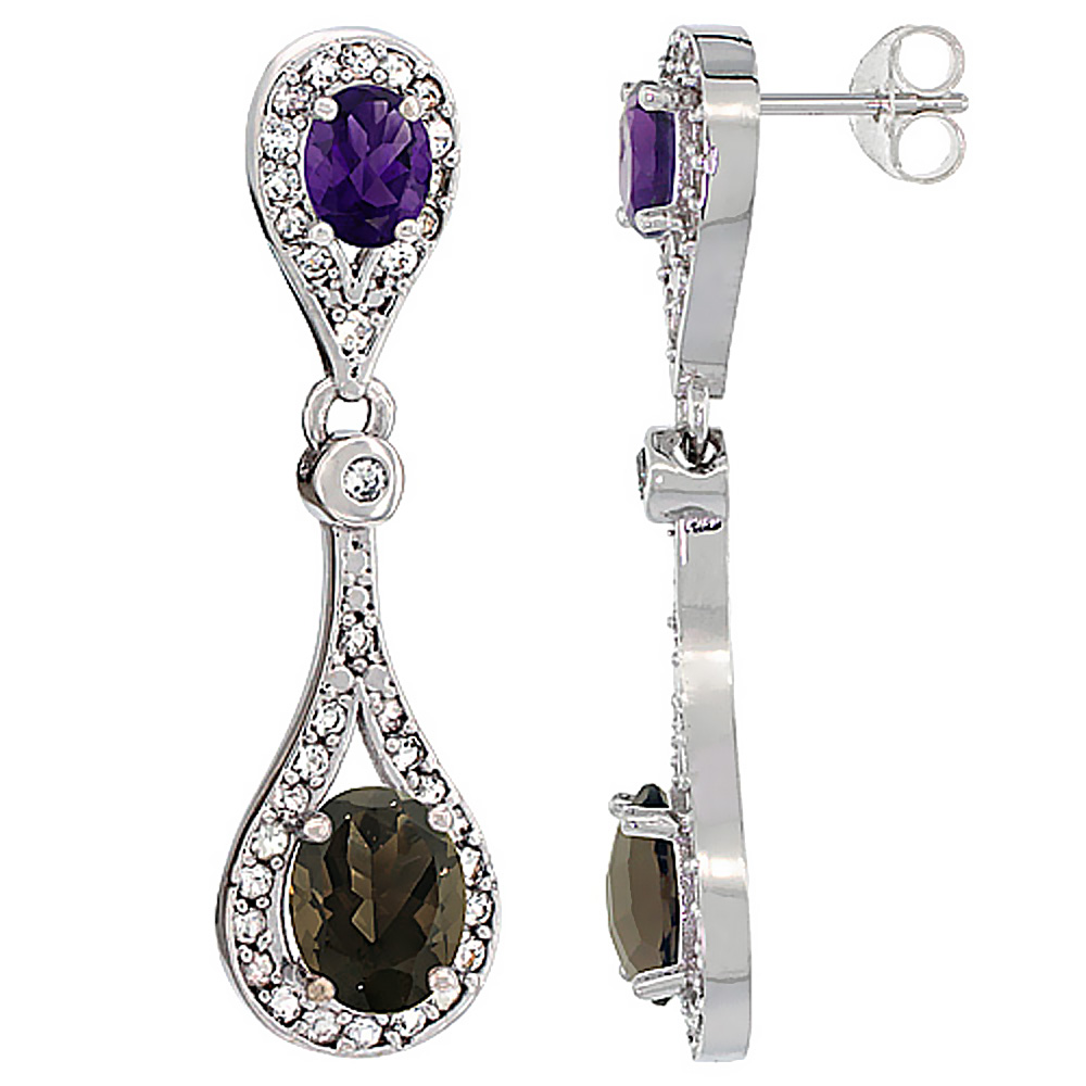 14K White Gold Natural Smoky Topaz & Amethyst Oval Dangling Earrings White Sapphire & Diamond Accents, 1 3/8 inches long