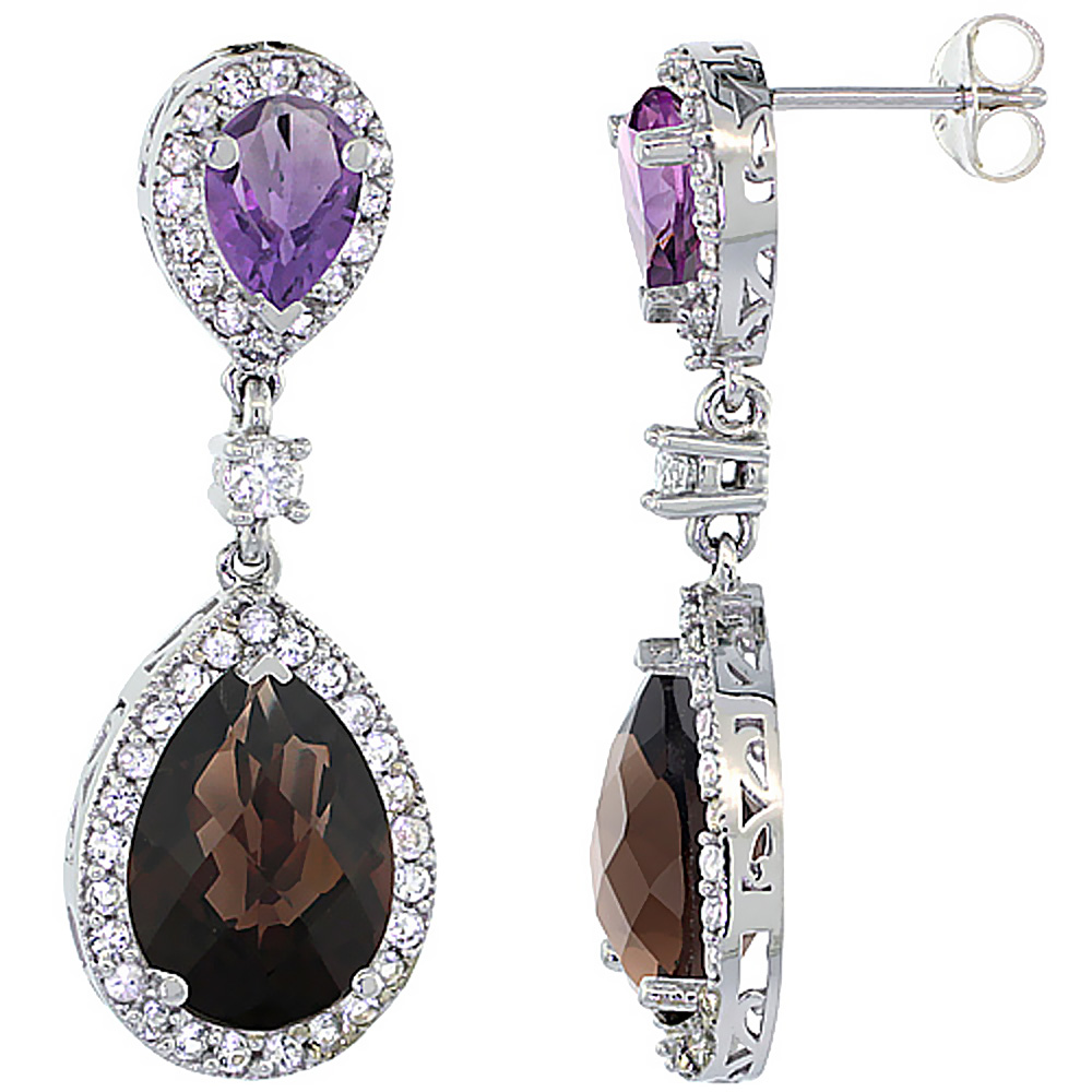 14K WHITE GOLD NATURAL SMOKY TOPAZ & AMETHYST TEARDROP EARRINGS WHITE SAPPHIRE & DIAMOND