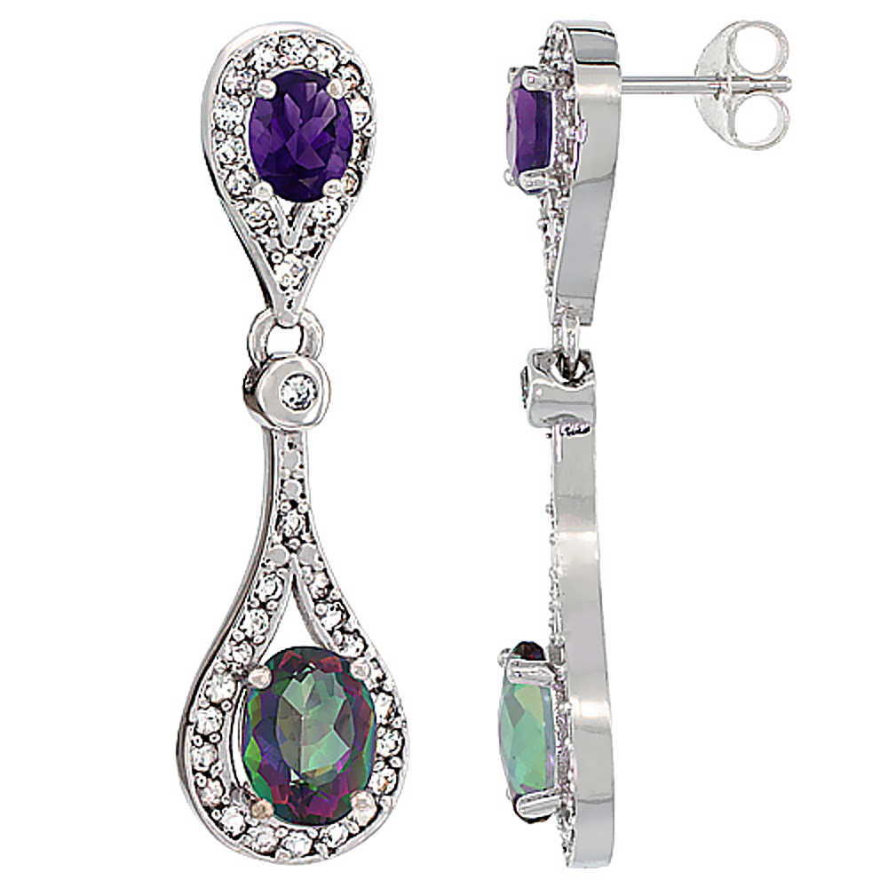 14K White Gold Natural Mystic Topaz &amp; Amethyst Oval Dangling Earrings White Sapphire &amp; Diamond Accents, 1 3/8 inches long