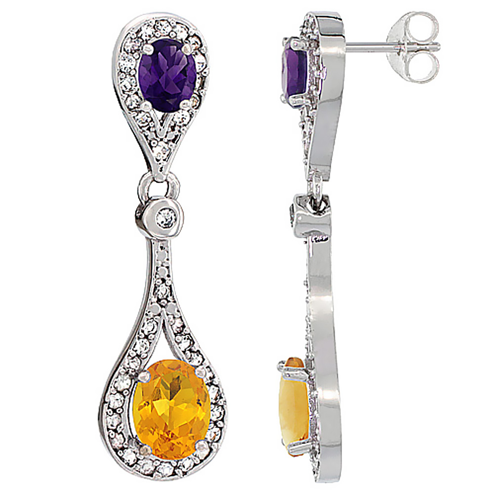 14K WHITE GOLD NATURAL CITRINE & AMETHYST OVAL DANGLING EARRINGS WHITE SAPPHIRE & DIAMOND ACCENTS, 1 3/8 INCHES LONG
