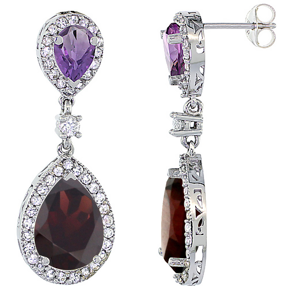 14K WHITE GOLD NATURAL GARNET & AMETHYST TEARDROP EARRINGS WHITE SAPPHIRE & DIAMOND