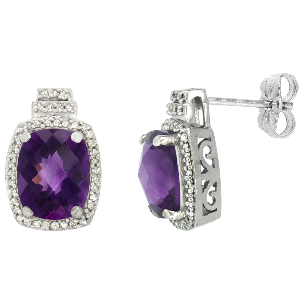 10K WHITE GOLD 0.29 CTTW DIAMOND NATURAL AMETHYST EARRINGS OCTAGON CUSHION 8X6 MM