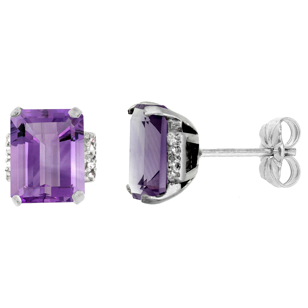 10K WHITE GOLD 0.02 CTTW DIAMOND NATURAL AMETHYST EARRINGS OCTAGON 8X6 MM