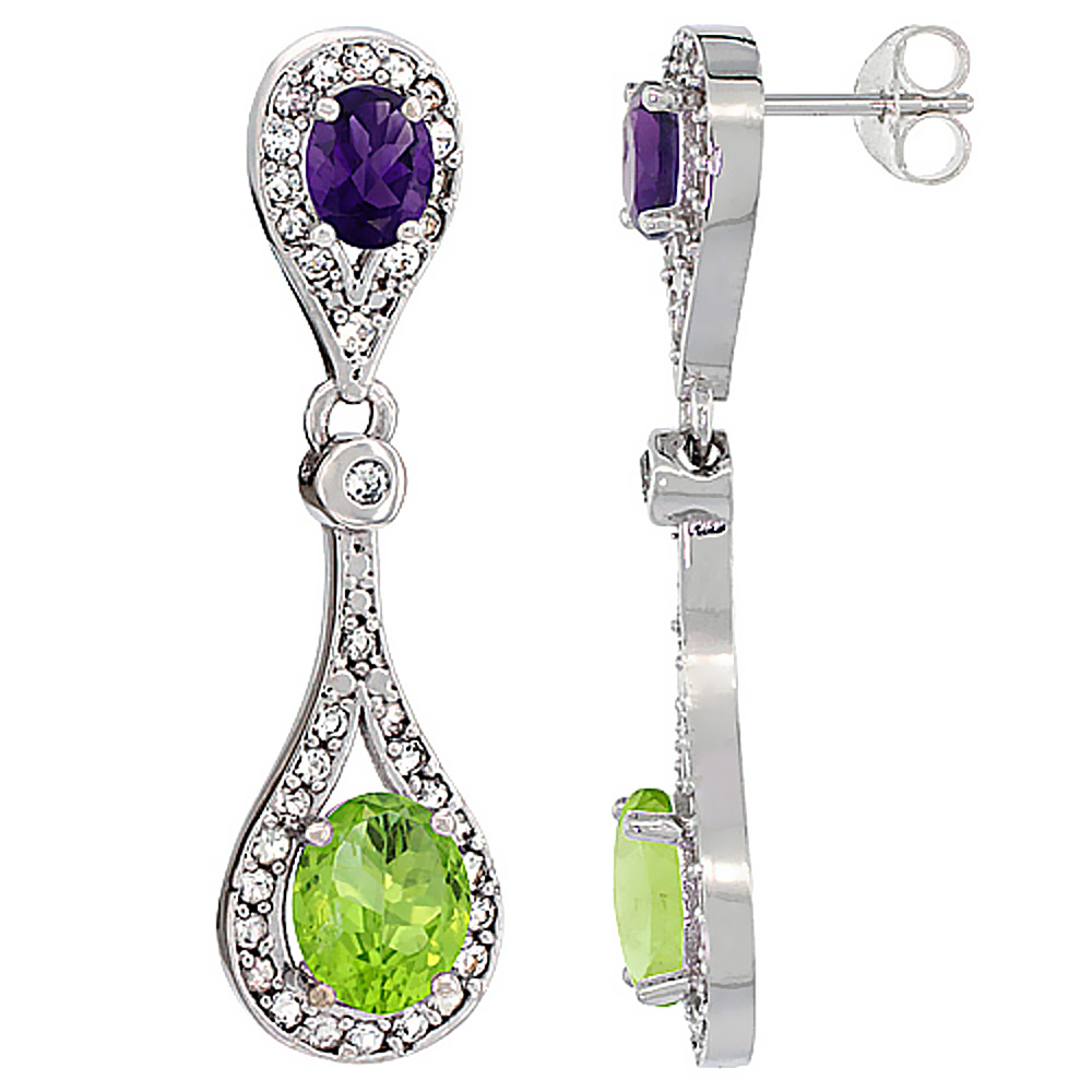 14K WHITE GOLD NATURAL PERIDOT & AMETHYST OVAL DANGLING EARRINGS WHITE SAPPHIRE & DIAMOND ACCENTS, 1 3/8 INCHES LONG