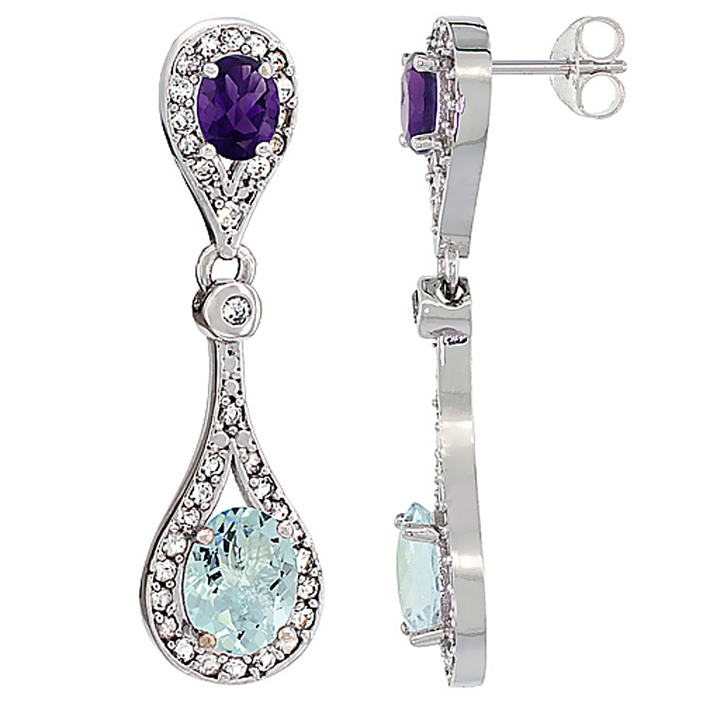 10K White Gold Natural Aquamarine & Amethyst Oval Dangling Earrings White Sapphire & Diamond Accents, 1 3/8 inches long