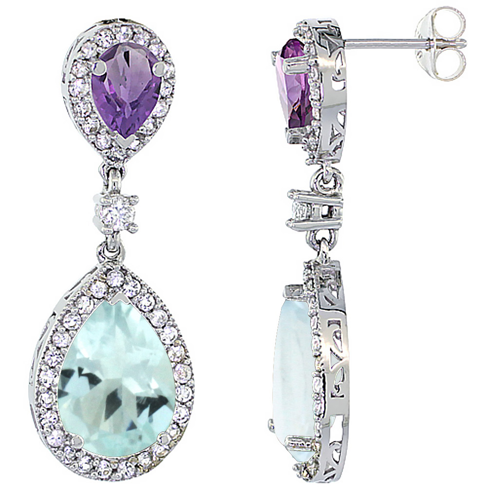 14K WHITE GOLD NATURAL AQUAMARINE & AMETHYST TEARDROP EARRINGS WHITE SAPPHIRE & DIAMOND