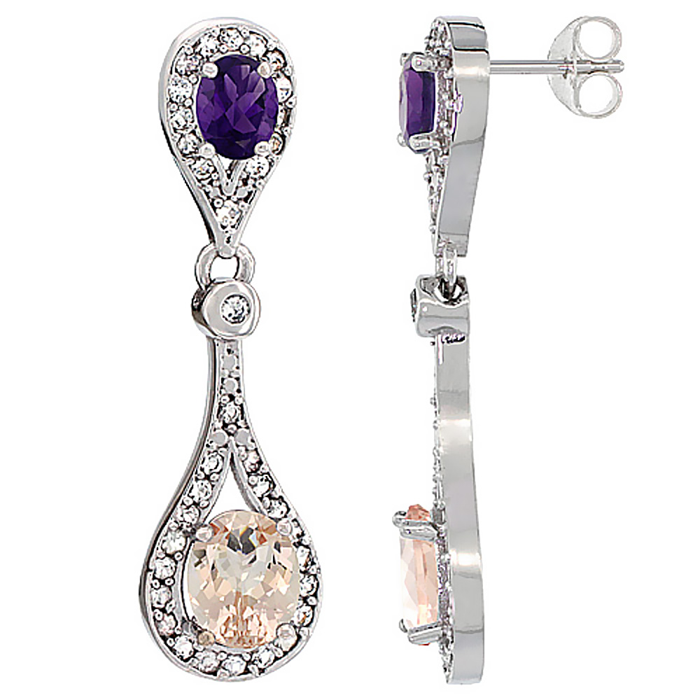 14K White Gold Natural Morganite &amp; Amethyst Oval Dangling Earrings White Sapphire &amp; Diamond Accents, 1 3/8 inches long