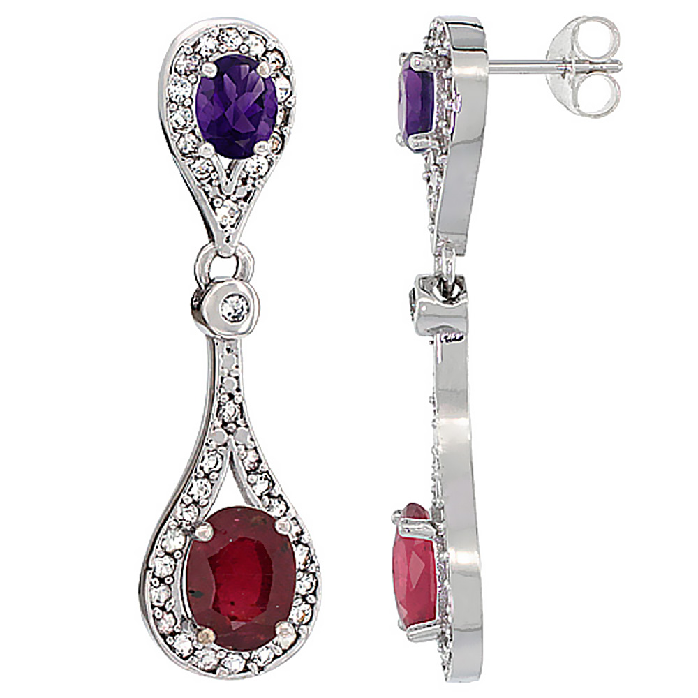 10K White Gold Enhanced Ruby &amp; Amethyst Oval Dangling Earrings White Sapphire &amp; Diamond Accents, 1 3/8 inches long