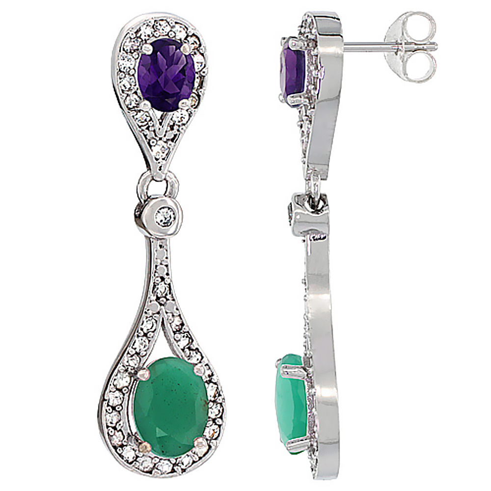 14K White Gold Natural Emerald &amp; Amethyst Oval Dangling Earrings White Sapphire &amp; Diamond Accents, 1 3/8 inches long
