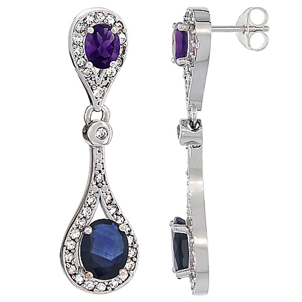14K White Gold Natural Blue Sapphire & Amethyst Oval Dangling Earrings White Sapphire & Diamond Accents, 1 3/8 inches long