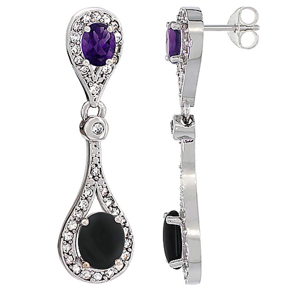 10K White Gold Natural Black Onyx & Amethyst Oval Dangling Earrings White Sapphire & Diamond Accents, 1 3/8 inches long