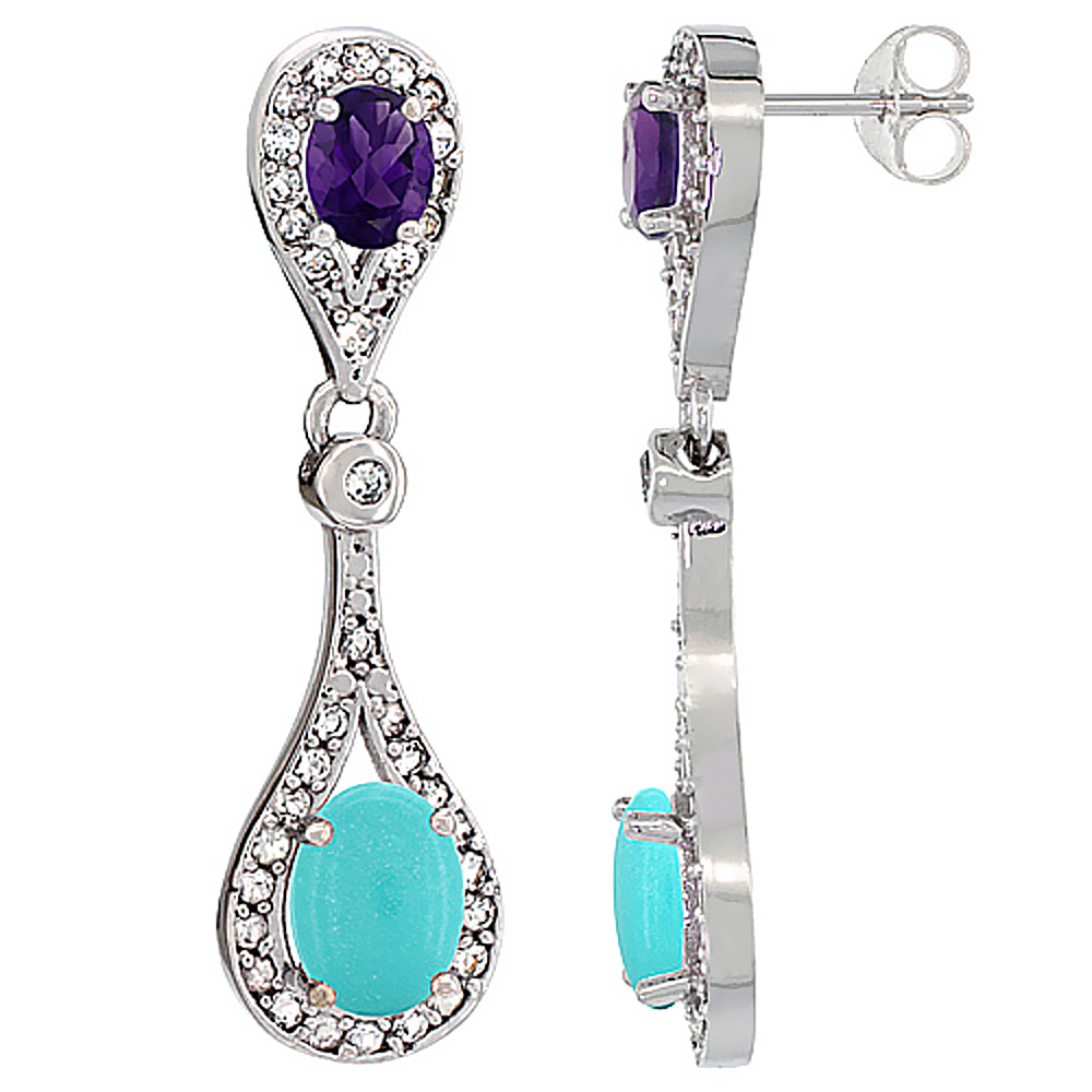 14K WHITE GOLD NATURAL TURQUOISE & AMETHYST OVAL DANGLING EARRINGS WHITE SAPPHIRE & DIAMOND ACCENTS, 1 3/8 INCHES LONG