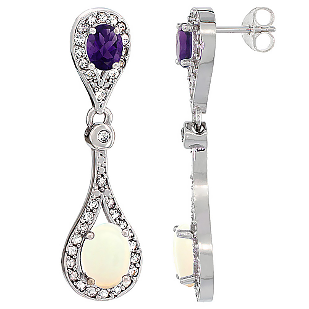 14K White Gold Natural Opal &amp; Amethyst Oval Dangling Earrings White Sapphire &amp; Diamond Accents, 1 3/8 inches long