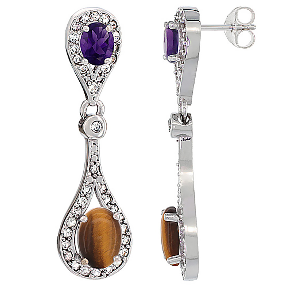 14K WHITE GOLD NATURAL TIGER EYE & AMETHYST OVAL DANGLING EARRINGS WHITE SAPPHIRE & DIAMOND ACCENTS, 1 3/8 INCHES LONG