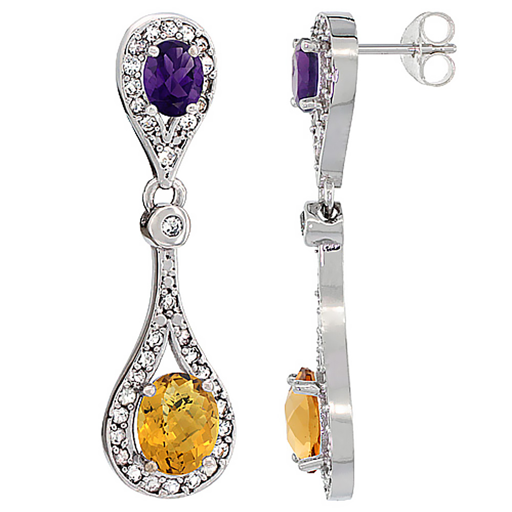 14K WHITE GOLD NATURAL WHISKY QUARTZ & AMETHYST OVAL DANGLING EARRINGS WHITE SAPPHIRE & DIAMOND ACCENTS, 1 3/8 INCHES LONG