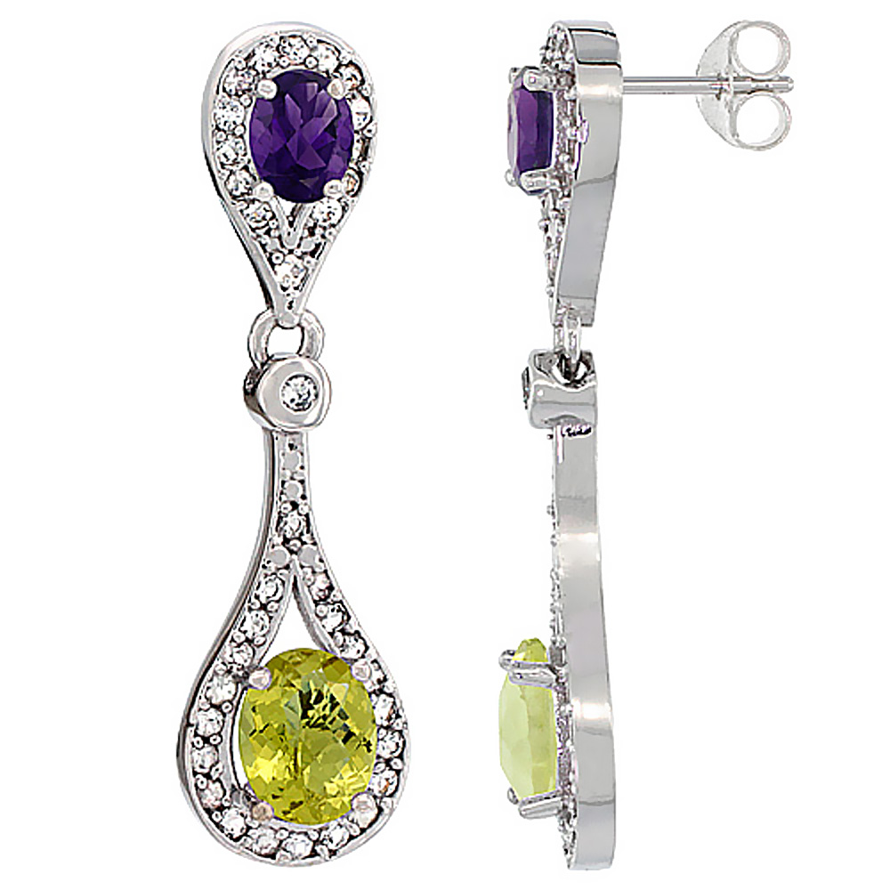 14K WHITE GOLD NATURAL LEMON QUARTZ & AMETHYST OVAL DANGLING EARRINGS WHITE SAPPHIRE & DIAMOND ACCENTS, 1 3/8 INCHES LONG