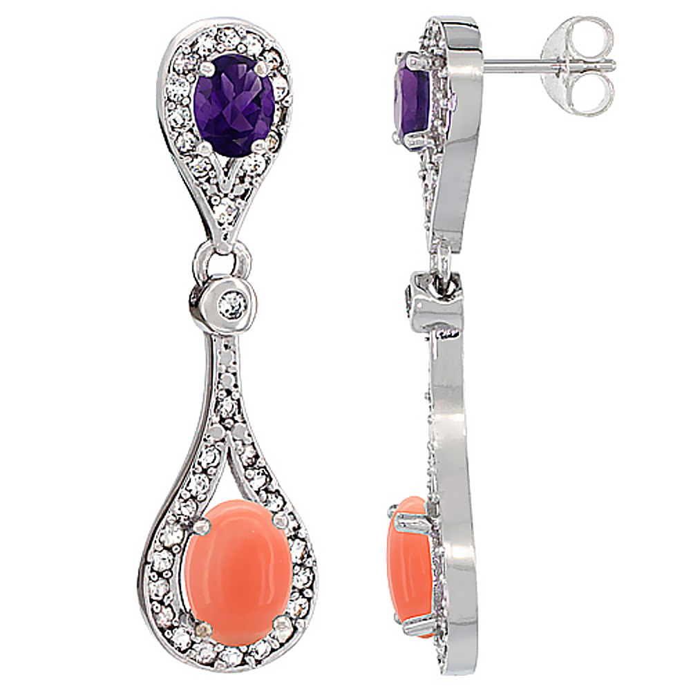 14K White Gold Natural Coral &amp; Amethyst Oval Dangling Earrings White Sapphire &amp; Diamond Accents, 1 3/8 inches long
