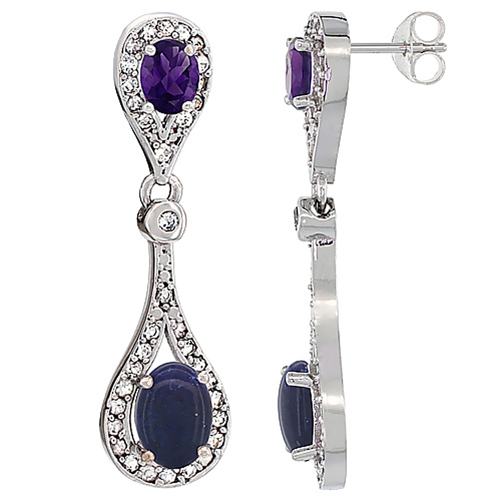 14K WHITE GOLD NATURAL LAPIS & AMETHYST OVAL DANGLING EARRINGS WHITE SAPPHIRE & DIAMOND ACCENTS, 1 3/8 INCHES LONG