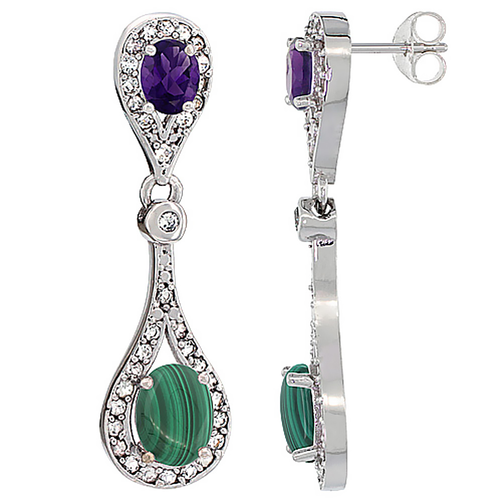 14K WHITE GOLD NATURAL MALACHITE & AMETHYST OVAL DANGLING EARRINGS WHITE SAPPHIRE & DIAMOND ACCENTS, 1 3/8 INCHES LONG