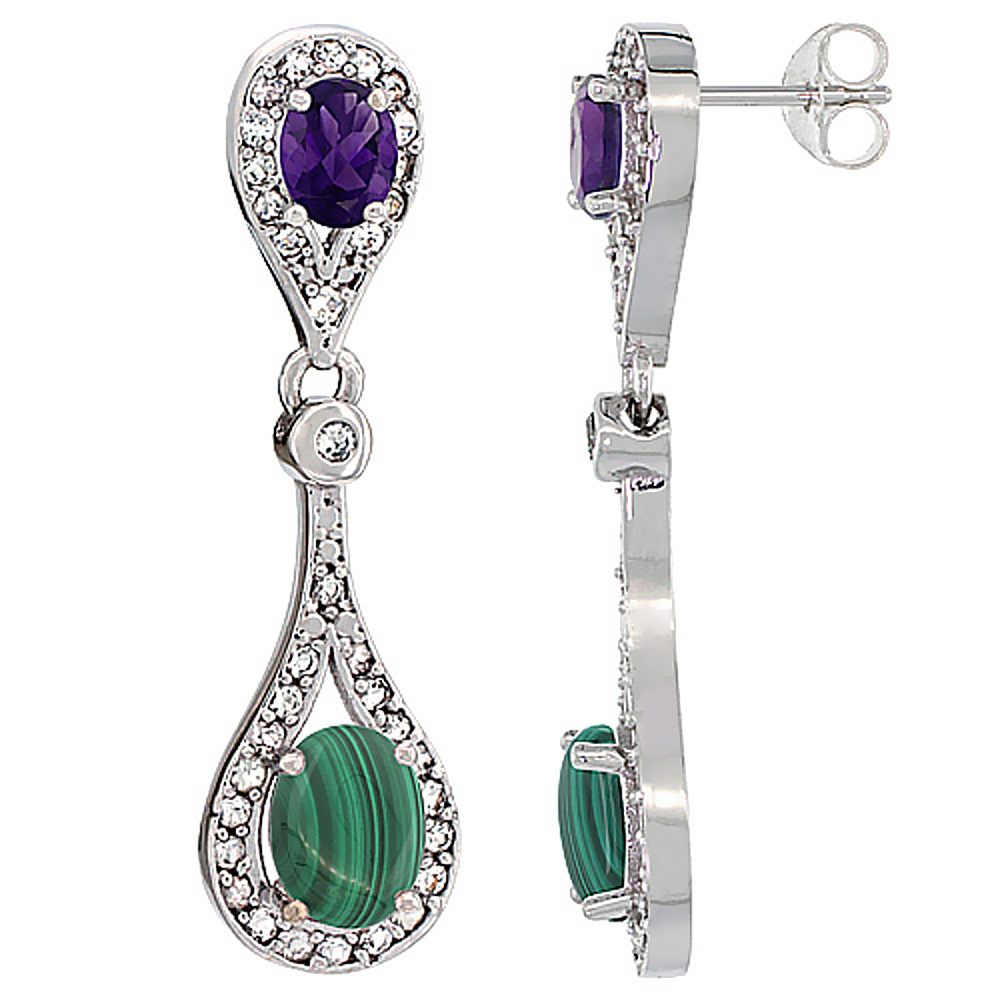 14K White Gold Natural Malachite & Amethyst Oval Dangling Earrings White Sapphire & Diamond Accents, 1 3/8 inches long