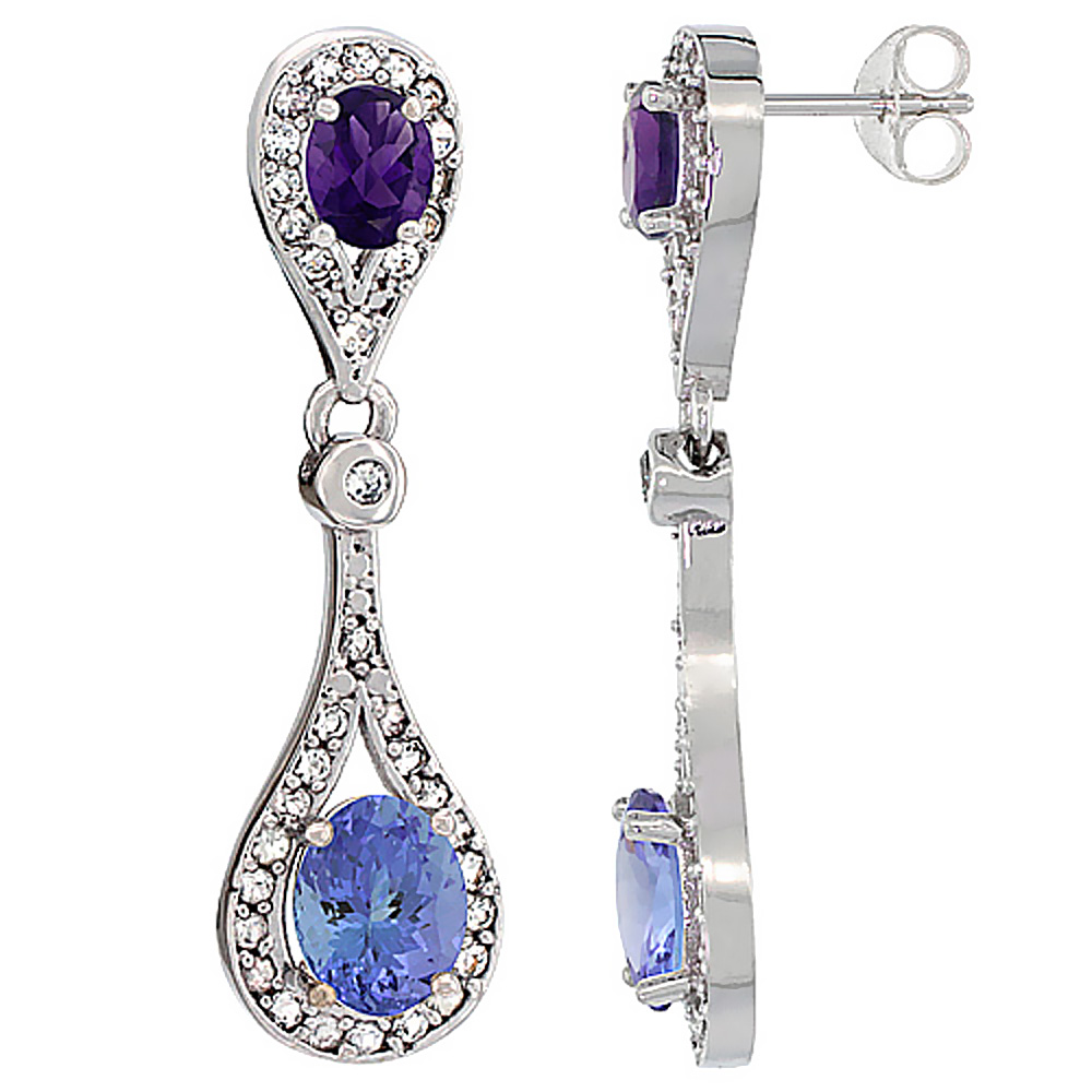 14K WHITE GOLD NATURAL TANZANITE & AMETHYST OVAL DANGLING EARRINGS WHITE SAPPHIRE & DIAMOND ACCENTS, 1 3/8 INCHES LONG